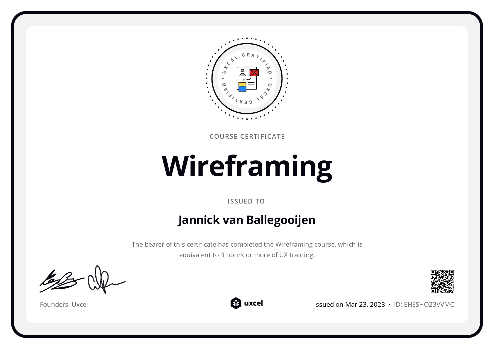 Jannick van Ballegooijen's certificate